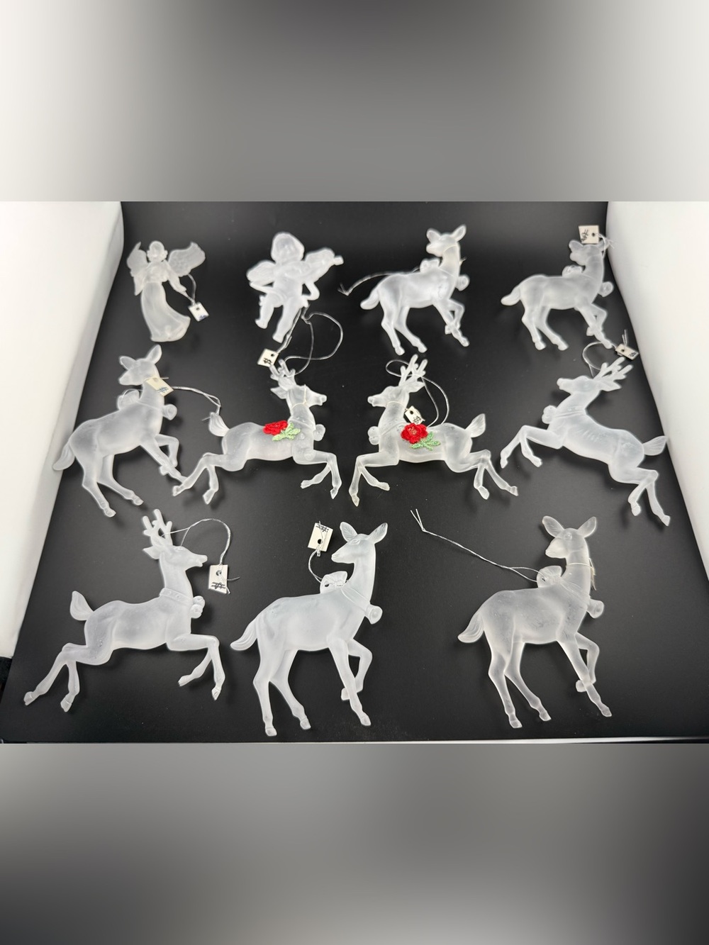 Lot of 11 Vintage Frosted Acrylic Christmas Ornaments - 9 Reindeer & 2 Angels